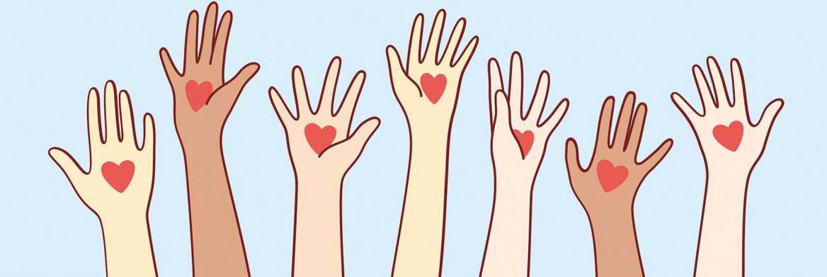 An illustration shows human hands with red heart shape on palms raising up.