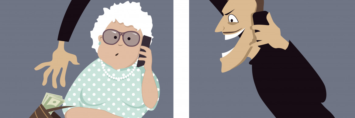 Graphic of female senior holding mobile phone to her ear while ominous man steals money from her purse.